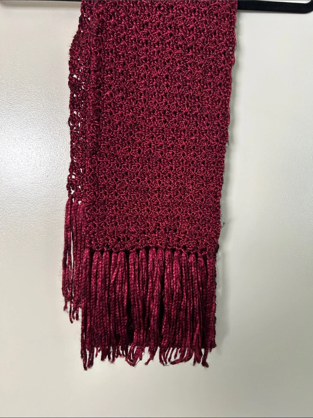 Handmade Burgundy Crochet Scarf with Fringe